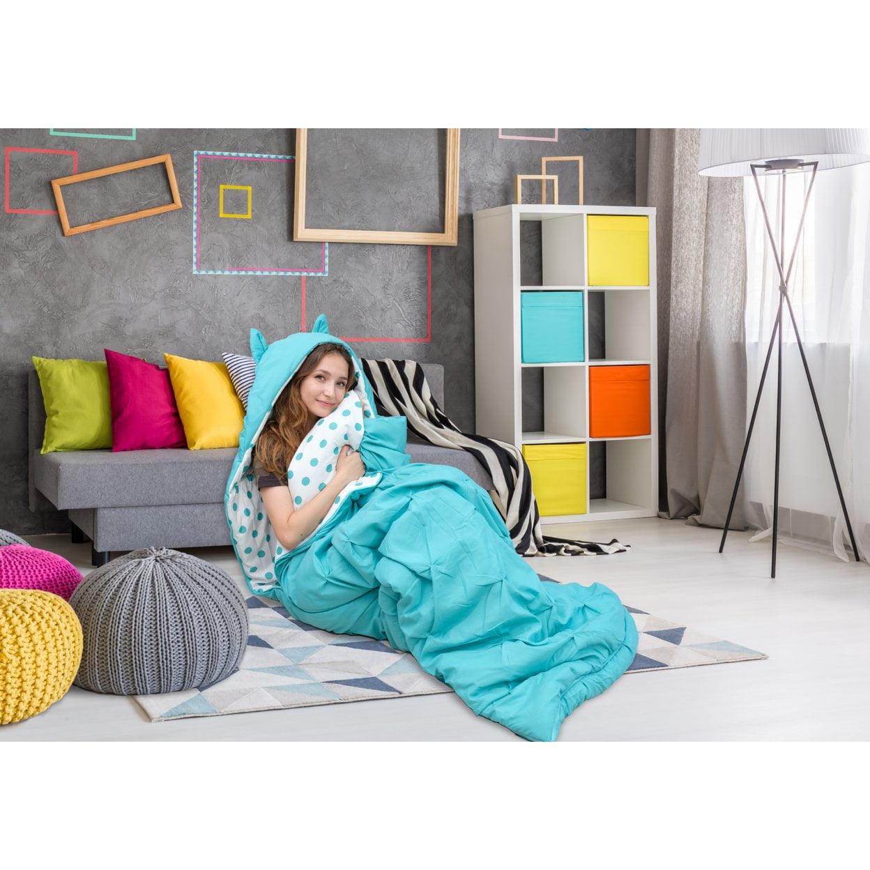 Sleeping Bag with Cat Ear Hood Pinch Pleat Design with Polka Dot Interior for Kids, Teens & Young Adults Zipper Closure