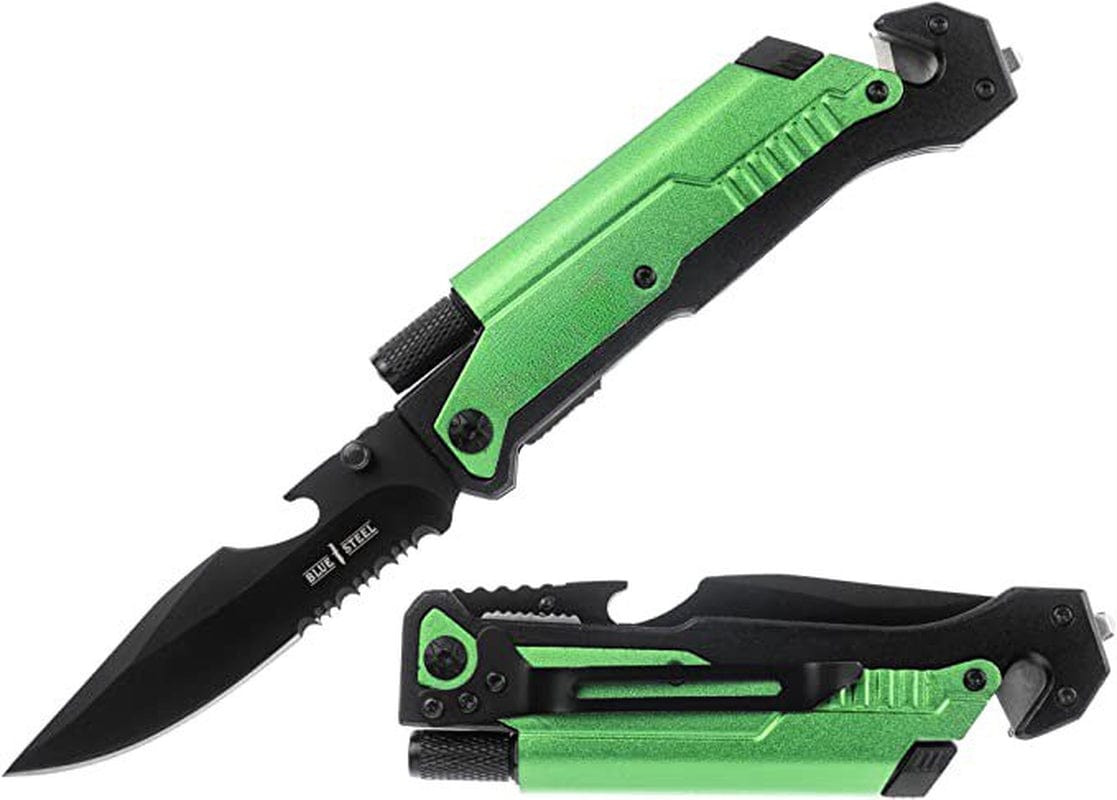 Gifts Infinity® Tactical Knives 6-In-1 Survival Pocket Knife with Magnesium Fire Starter, LED Flashlight Bottle Opener Seat Belt Cutter and Windows Breaker (Green)